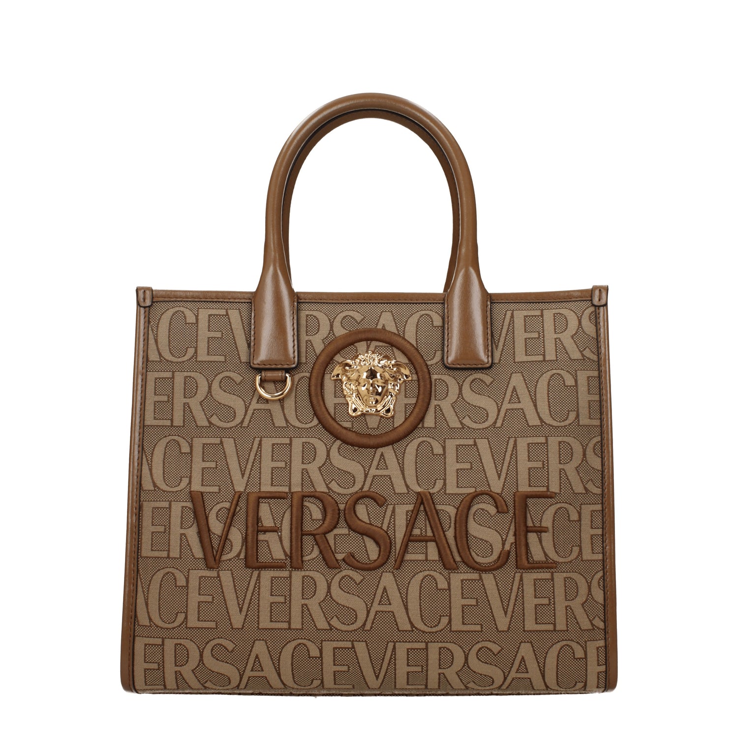 Versace Borse a Mano Donna Tessuto Beige Marrone