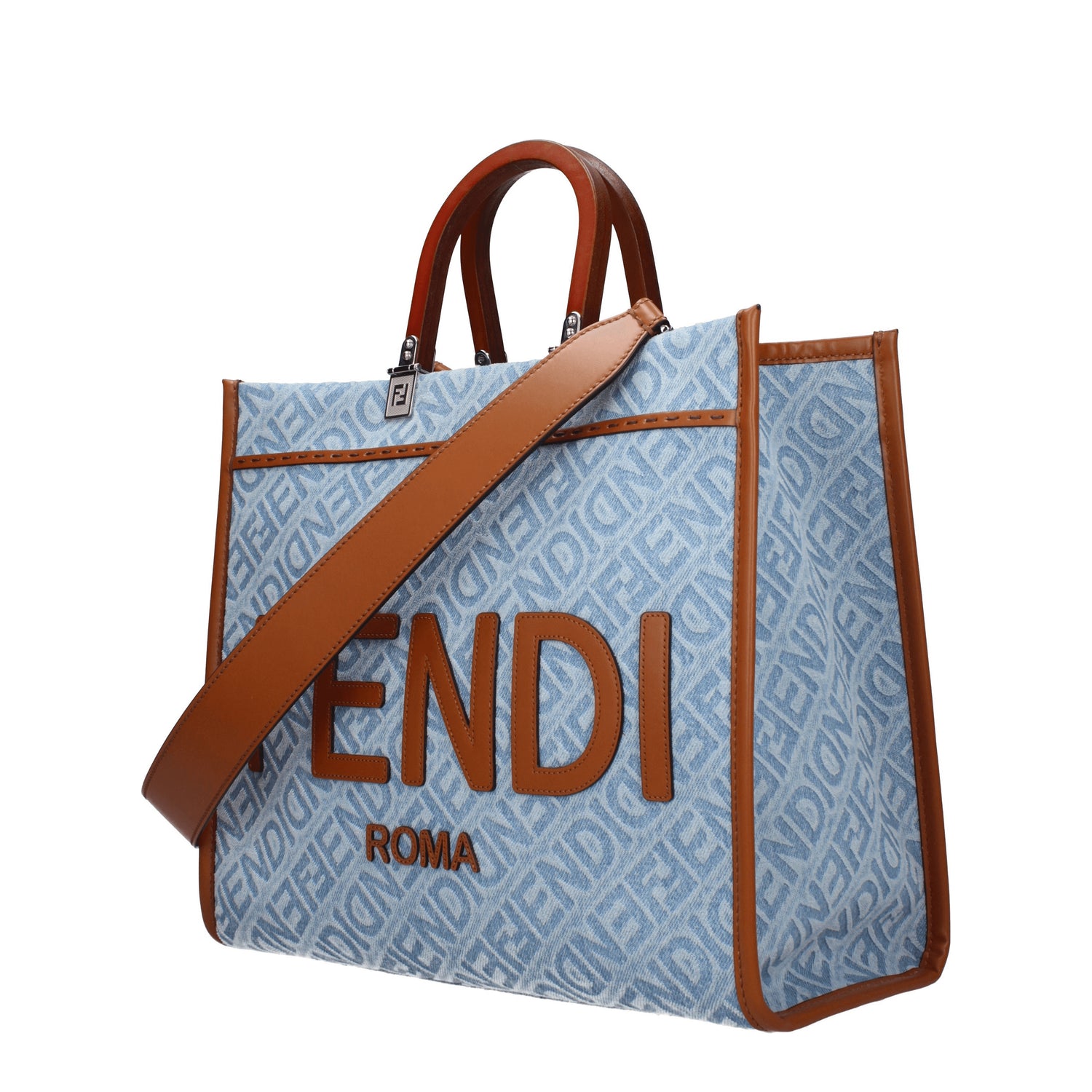 Fendi Borse a Mano sunshine Donna Tessuto Celeste Cuoio