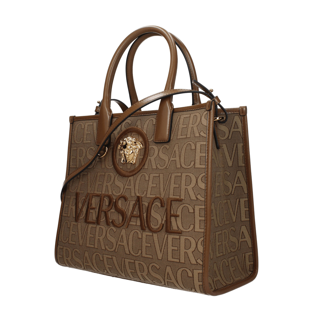 Versace Borse a Mano Donna Tessuto Beige Marrone